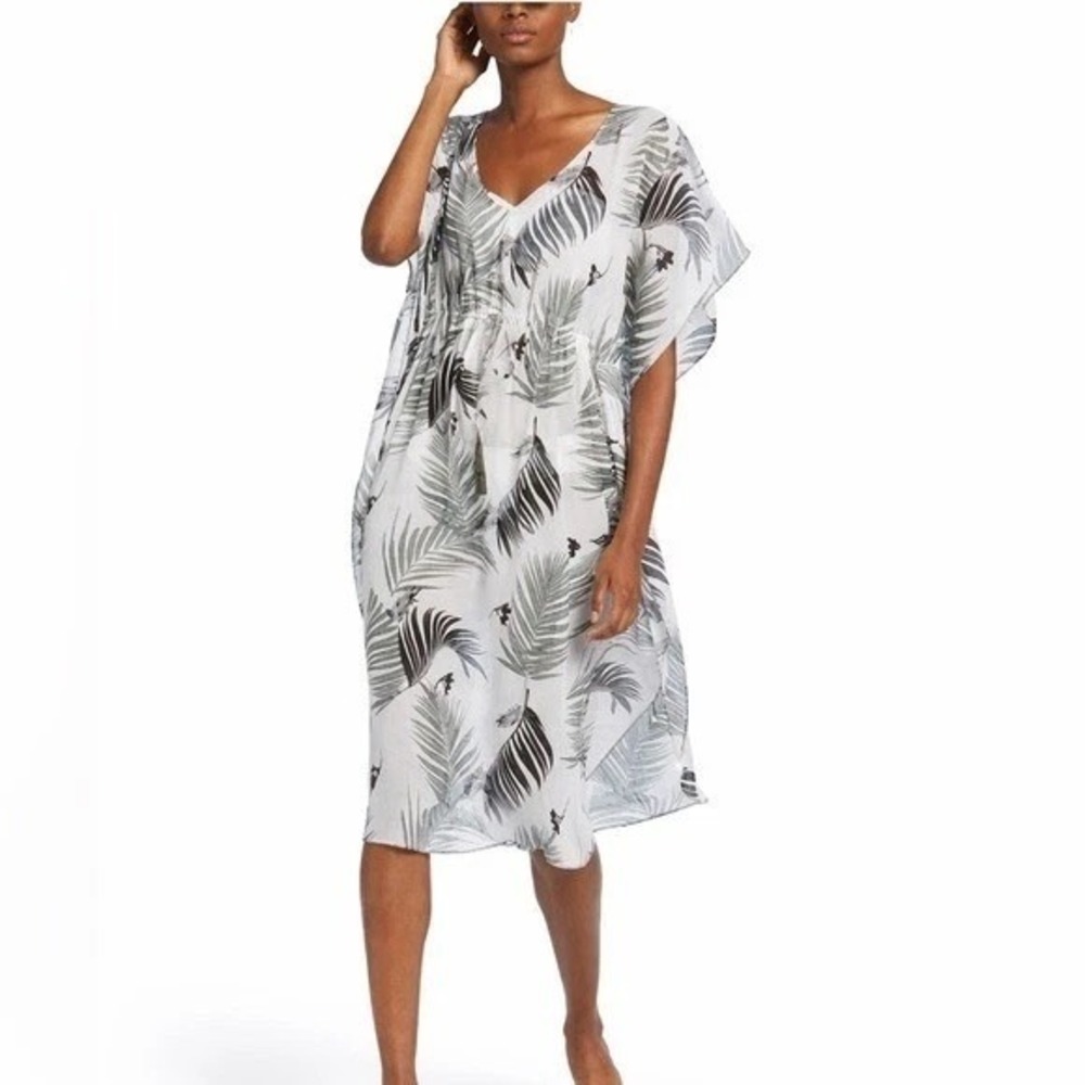 Kona Sol Womens Palm Leaf Kaftan Swim Cover Up V-Neck Drawstring Black White - S - Picture 12 of 12